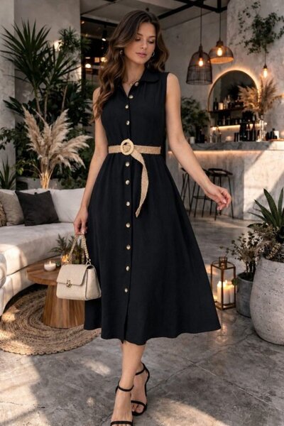 Modazun Women's sleeveless collared button-down midi dress in janjan crepe (n...