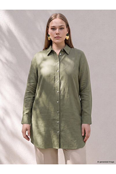 LC Waikiki Vizyon New Season Khaki Plus Size Linen Blend Women's Shirt Tunic