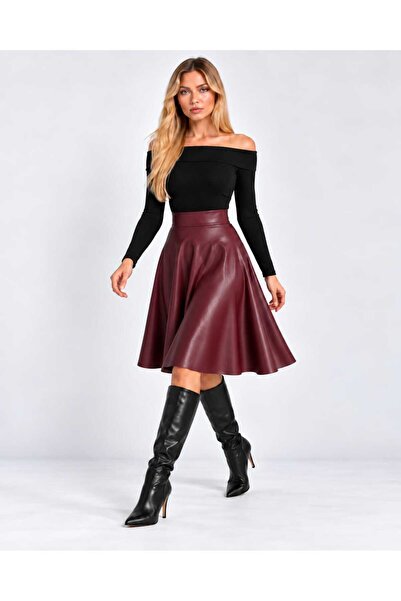 DİZ BOYU SUNİ DERİ ETEK/ İÇİ KADİFE KLOŞ MODEL