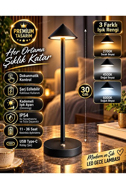 nelerbulurum Lüks Şarjlı Dokunmatik LED Masa Lambası 5W 300 Lümen 3 Renk Dimm...