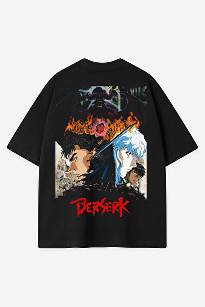 Sekizbiraltı تي شيرت أسود كبير الحجم مطبوع عليه Anime Berserk