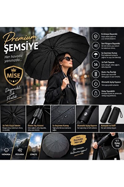 MİSE Premium siyah renk 16 telli otomatik şemsiye unisex
