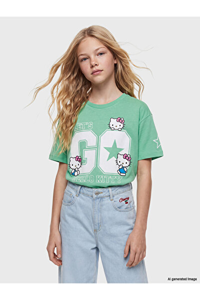 LC Waikiki Alita City Lcw Kids Green Oval Collar Hello Kitty Printed Girls' T...