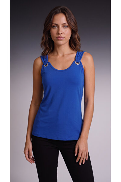 bysocafashion Women's Saks Blue Strappy Bird Eye Detailed V-Neck Viscose Blouse
