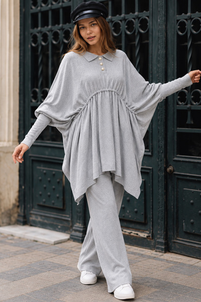 CNR TEKSTİL Women's Polo Collar Buttoned Oversize Knitwear Set with Drawstrin...