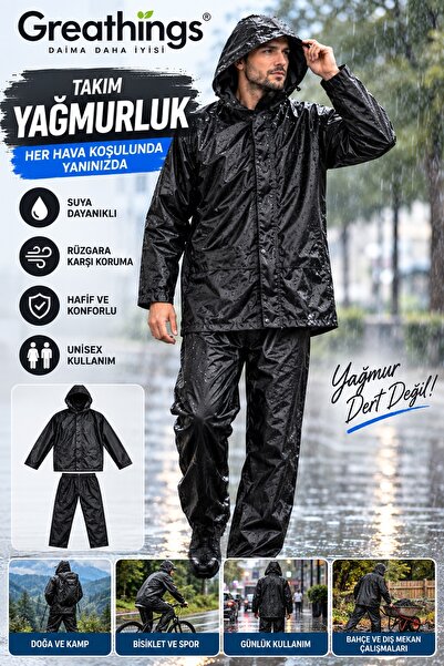 Greathings Siyah Alt Üst Takım Yağmurluk Kapüşonlu Mont ve Pantolon Yağmur Seti