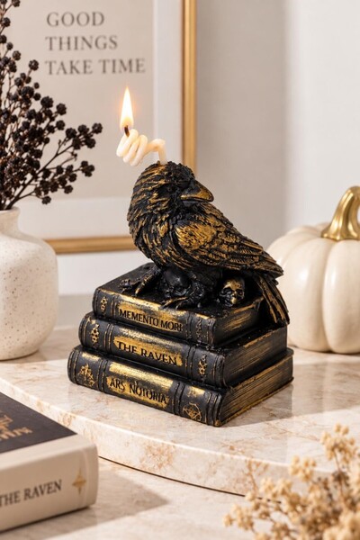Gotik Kuzgun Dekoratif Mum Eskitme Kitap Ve Kurukafa Detaylı Siyah Gold Obje Halloween