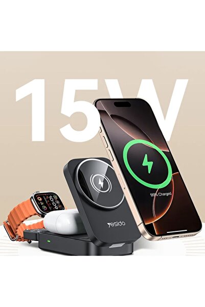 Yesido Statie de Alimentare 3in1 Pliabila pentru Telefon, Casti, Smartwatch, 15W - (DS27) - Black