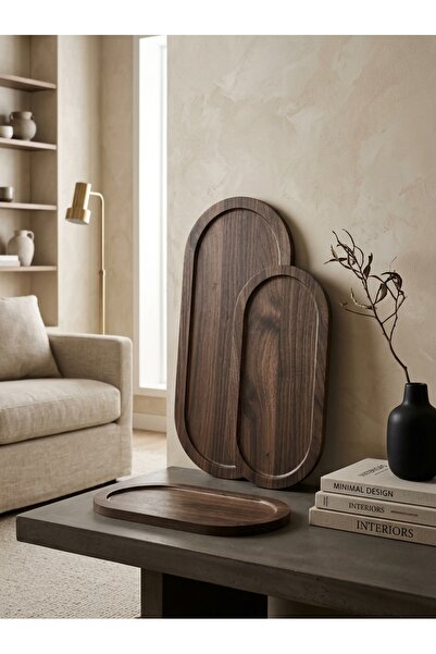 Generic Dark Wood Grain Pattern Serving Tray Set