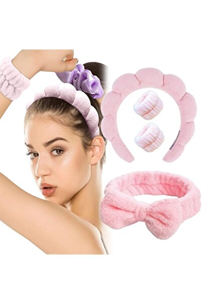 Axylar طقم عصابة رأس ورباط معصم وردي للسبا، ناعم وماص ومرن لغسل الوجه والعناي...