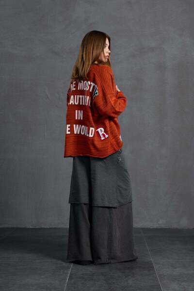 #vdr viadellerose Brown Orange Slogan Oversize Cardigan 18062