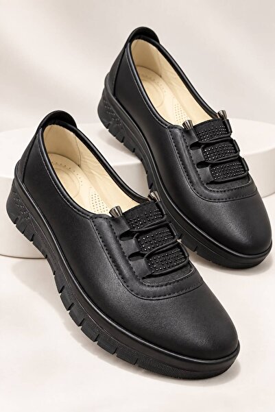 SOLERIUM SHOES Kadın Lastik Detay Taşlı Anne Ayakkabısı Günlük Ayakkabı Babet
