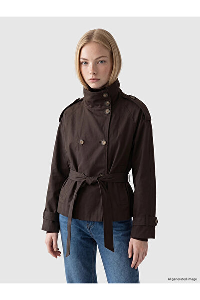 LC Waikiki Brown Stand Collar Oversize Women's Trench Coat