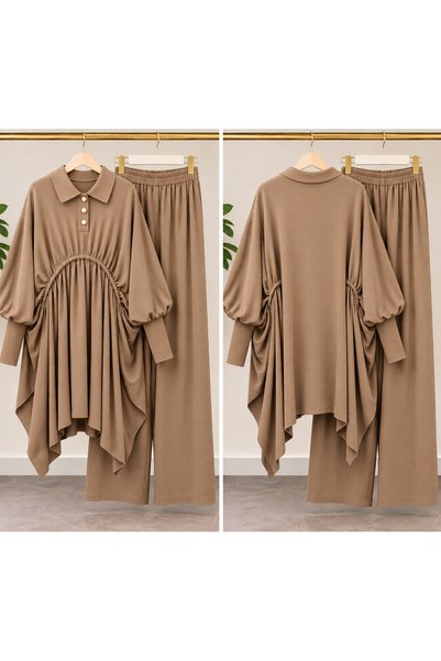 CNR TEKSTİL Women's Polo Collar Buttoned Oversize Knitwear Set with Drawstring Detail