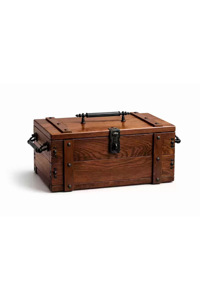 Kumsalcollection El Yapımı Masif Ağaç Ceviz Renk Ahşap Sandık 37X15X20 Cm Kulplu Saklama Kutusu Büyük