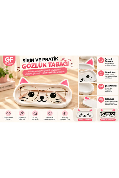 GF3D 3D Baskı Kedi Tasarımlı Gözlük Tabağı – Dekoratif Gözlük ve Küçük Eşya O...