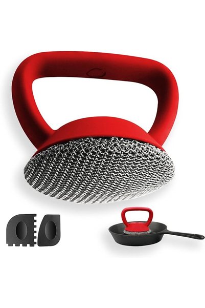 AZONEE Cast Iron Scrubber Set, Chainmail Skillet Cleaner with Handle, 2 Silic...