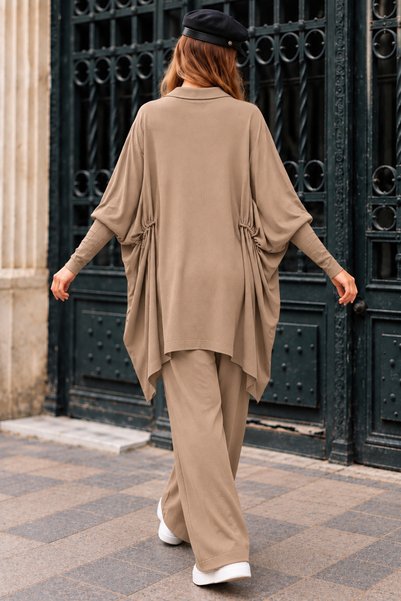 CNR TEKSTİL Women's Polo Collar Buttoned Oversize Knitwear Set with Drawstring Detail