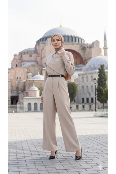 Modazun Women's Long Sleeve Shawl Detailed Blouse and Pants Two-Piece Set Inc...