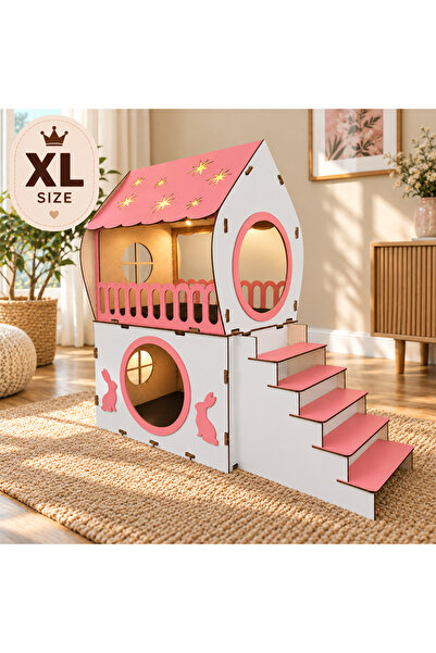 seventeen design XL Ahşap Tavşan Evi 2 Katlı Merdivenli İç Mekan Tavşan Yuvas...