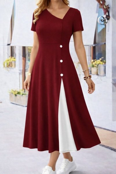 bysocafashion فستان نسائي متوسط الطول باللون العنابي بأكمام قصيرة وياقة غير م...