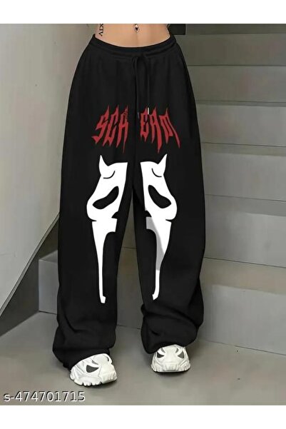 classy moda Oversize Urban Style 3 Thread Raster Printed Wide Leg Bottoms