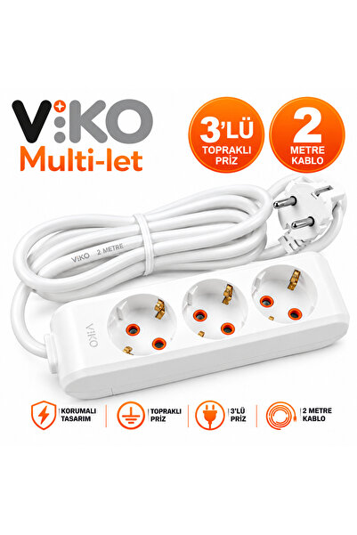 Multi-let 3’lü Topraklı Korumalı Grup Priz – 2 Metre Uzatma Kablolu