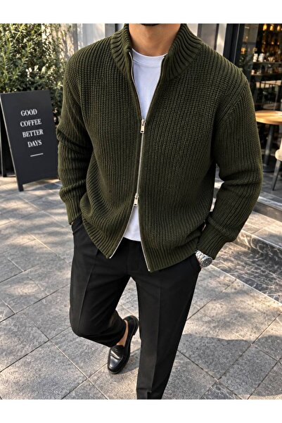 Çift Fermuarlı Dik Yaka Regular Fit Erkek Triko Hırka