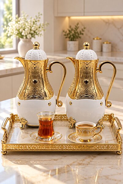 Generic طقم ترامس قهوة وشاي ابيض بنقوش ذهبية بارزة وزجاج داخلي عالي الجودة – ...