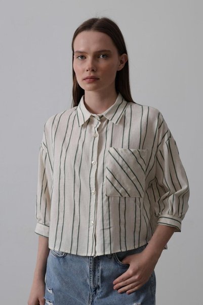 bysocafashion Women's Beige-Green Striped Linen Woven Single Pocket Buttoned ...