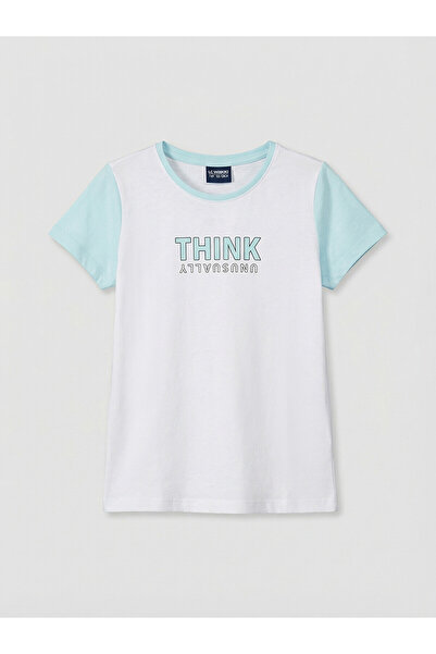 LC Waikiki Two Mt Shop Quality Turquoise Oval Collar Printed Girls' T-Shirt