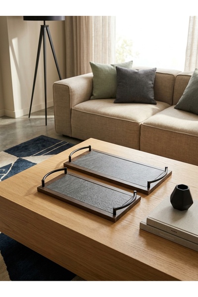 Generic Dark Wood Grain Pattern Serving Tray Set