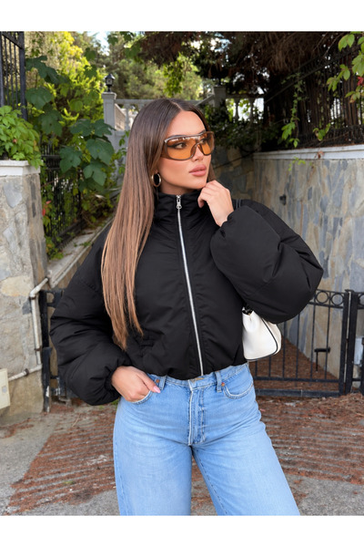 unika boutique Kadın Dik Yaka Fermuarlı Crop Şişme Bomber Mont