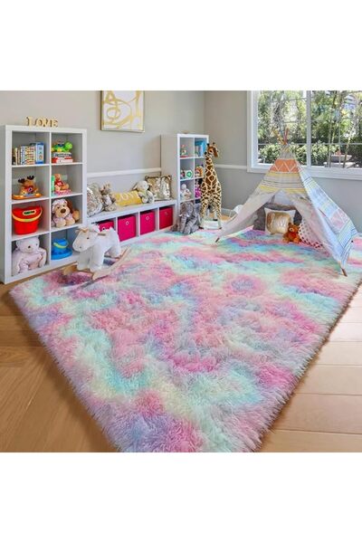 GENERAL Rainbow Area Rugs for Girls Bedroom, Fluffy Bedside Colorful Rug, Cut...