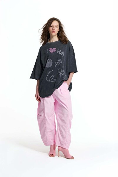 #vdr viadellerose تونيك أسود مطبوع برسومات جرافيكية قابل للغسل ومقاس كبير 19084