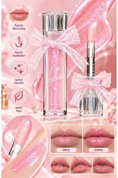 MAQYA KOZMETİK Kurdeleli Işıltılı Pembe Lip Gloss 4 ml Parlak Görünümlü Hafif...