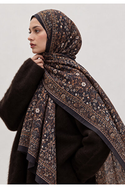 AGAPI Black Ethnic Floral Patterned Cotton Hijab Shawl – Soft Textured Women'...