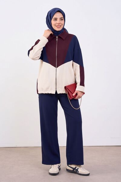 Butik Kadın Gömlek Yaka Fermuarlı Modal Kumaş Tunik Pantolon Takım