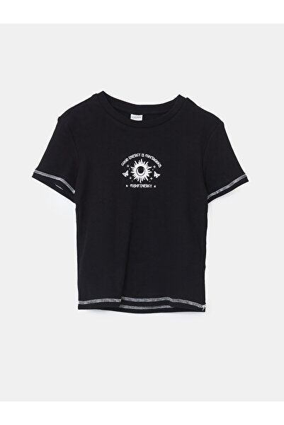 LC Waikiki Two Mt Shop Quality Lcw Kids Black Oval Collar Girls' T-Shirt