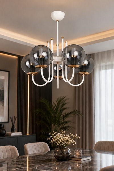MŞ Aydınlatma Niva Beyaz Gold 5 Füme Camlı Avize