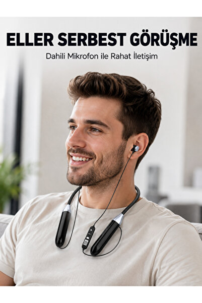 Uzun Kullanım Süreli Bluetooth Kulaklık Boyun Bantlı Mikrofonlu Kablosuz Müzik ve Görüşme Kulaklığı
