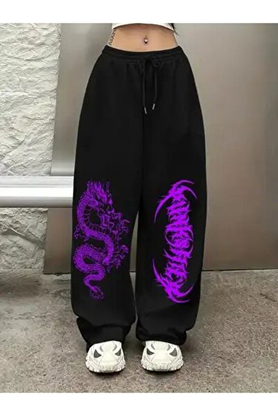 classy moda Oversize Urban Style 3 İplik Şardonlu Baskılı Geniş Paça Alt