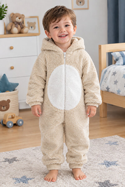 Mika Bebek & Çocuk Beige Colored Teddy Bear Figured Welsoft Soft Jumpsuit