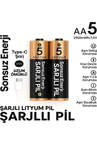Type-C Şarjlı 2800MWH 1.5V Şarj Edilebilir 2’li AA5 Kalem Pil - Lityum Iyon Batarya