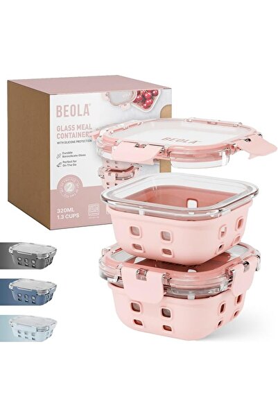 BEOLA Set of 2 Glass Food Storage Containers, Lunch Box, with Airtight Lids a...