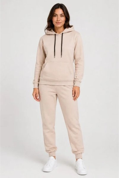 Modazun Two-Thread Hooded Jogger Tracksuit Set with Kangaroo Pockets - Beige
