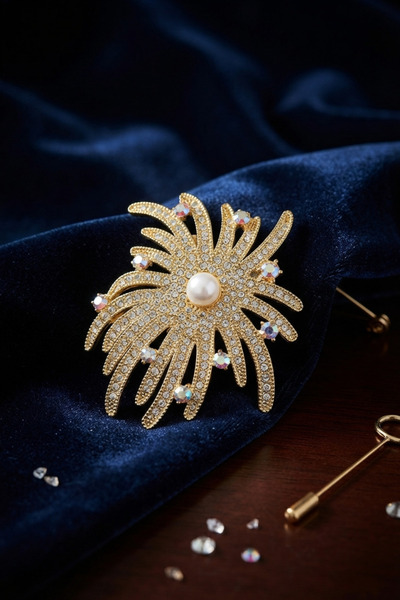 Zirkon Taşlı Gold Renk İnci Detaylı Broş TJ-BR504