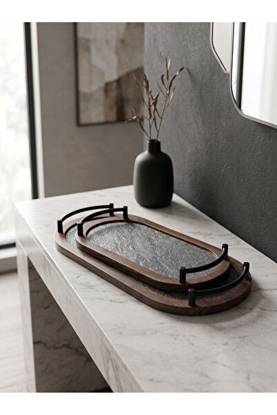 Generic Dark Wood Grain Pattern Serving Tray Set