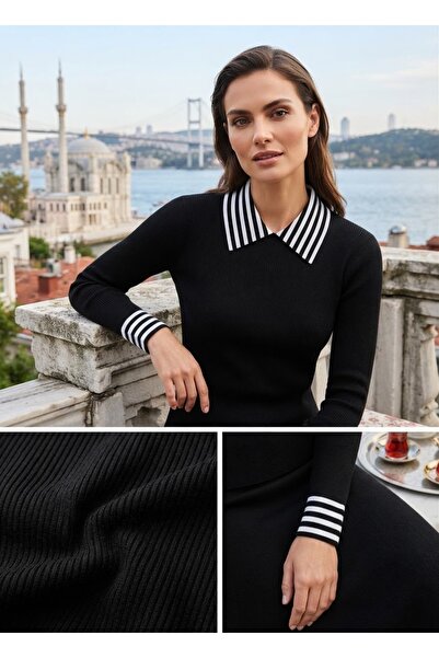 Luxury Gold Series | Lüks Çizgili Polo Yaka ve Manşet Detaylı İtalyan Form Triko Kadın Kazak / Bluz - Siyah