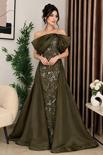 Barly Dark olive luxury evening dress, long and flowing cut, decorated with f...